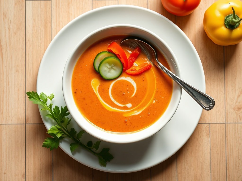 Overhead view of chilled gazpacho soup garnished and ready to eat