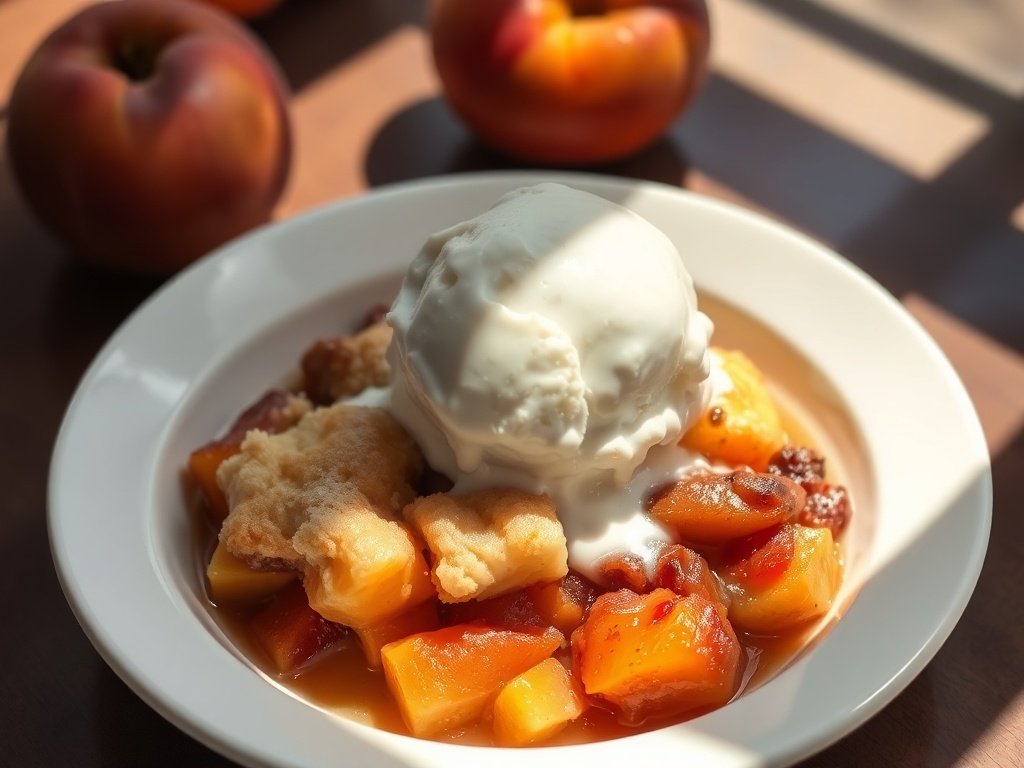 Easy peach cobbler served in a bowl topped with a scoop of vanilla ice cream.
