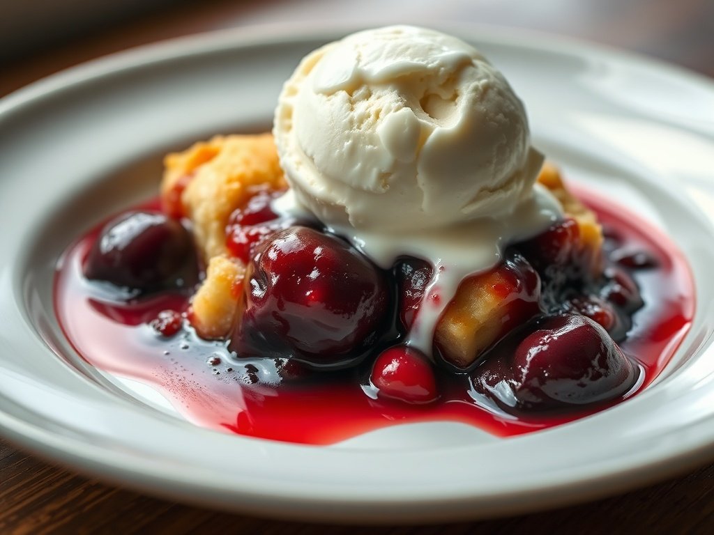 Plate of cherry cobbler with vanilla ice cream, dripping juicy sauce