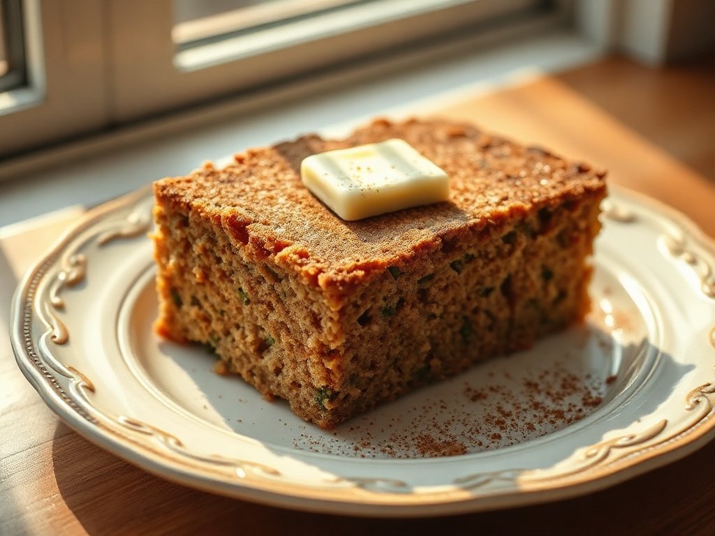 Thick slice of moist zucchini bread with melting butter on a ceramic plate