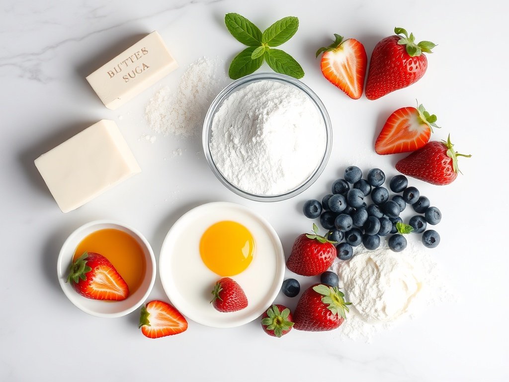 All ingredients for 4th of July fruit pizza arranged on a surface
