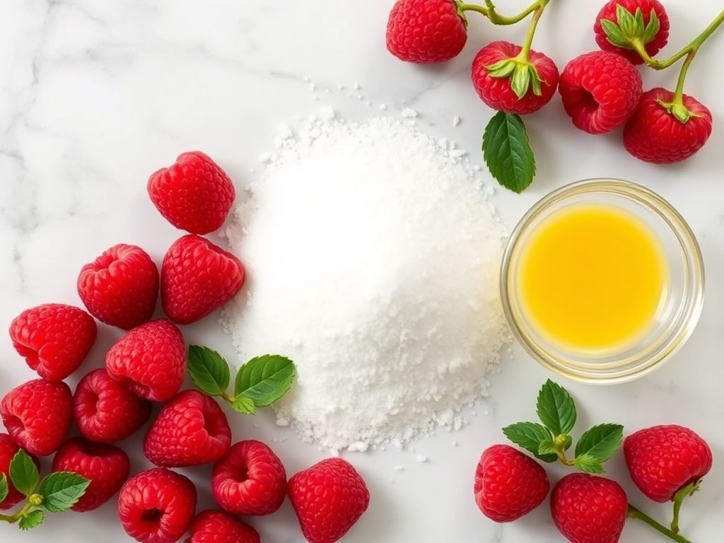 Ingredients for raspberry jam: fresh raspberries, sugar, and lemon juice.