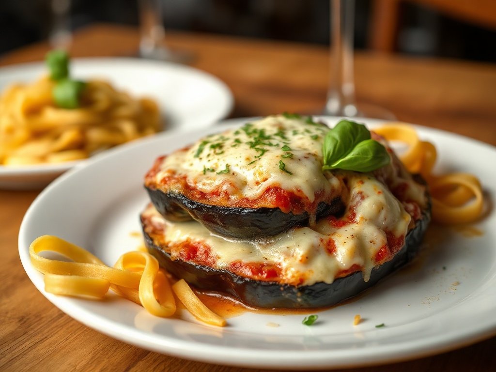 Plated eggplant parmesan with spaghetti and basil garnish on a white plate