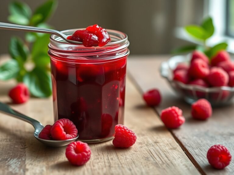 Glass jar of vibrant red homemade raspberry jam with fresh raspberries beside it.