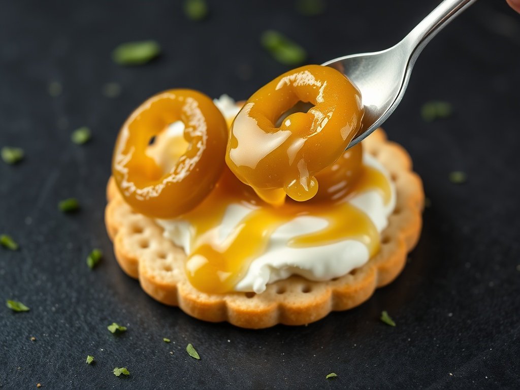 A cracker topped with cream cheese and cowboy candy, garnished with fresh herbs, on a slate plate.