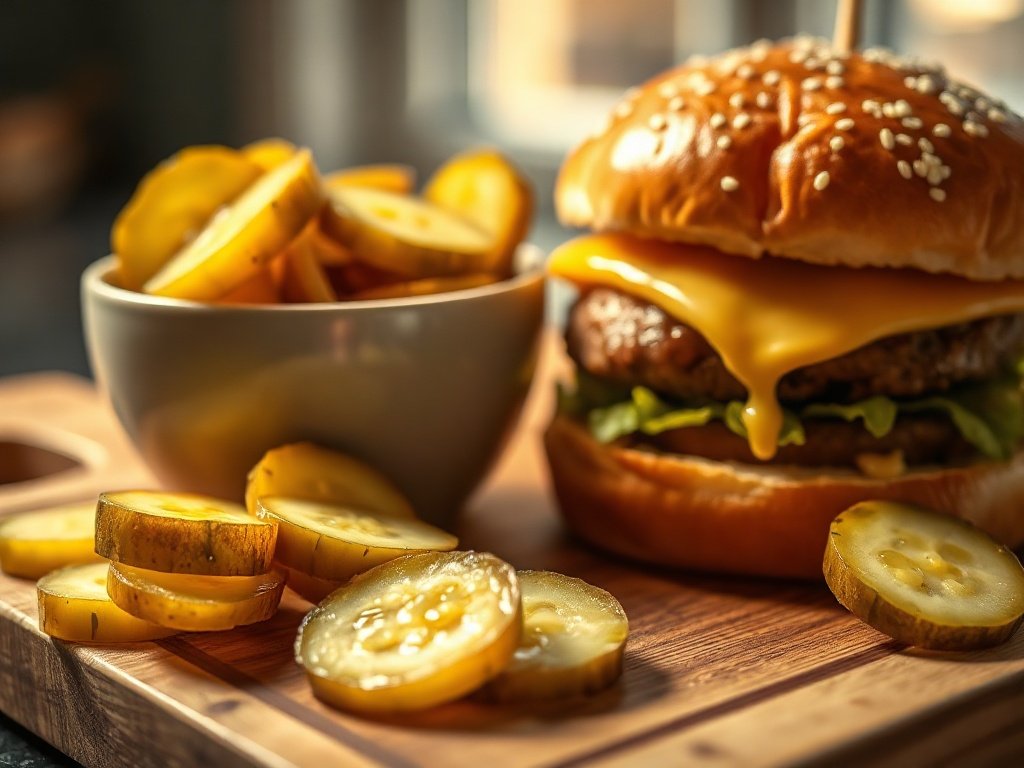Small bowl of glistening bread and butter pickles next to a cheeseburger on a wooden serving board