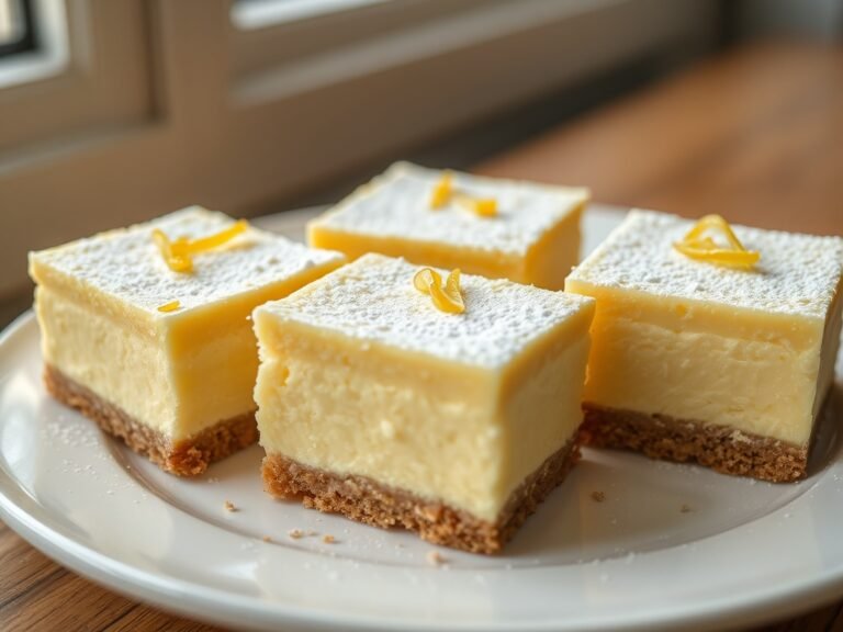 Plate of no-bake lemon cheesecake squares garnished with powdered sugar and lemon zest.