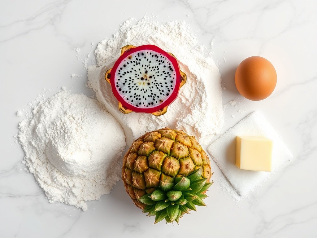 Flat lay of fresh ingredients for baking ananas dragon cookies, including dragon fruit and pineapple.