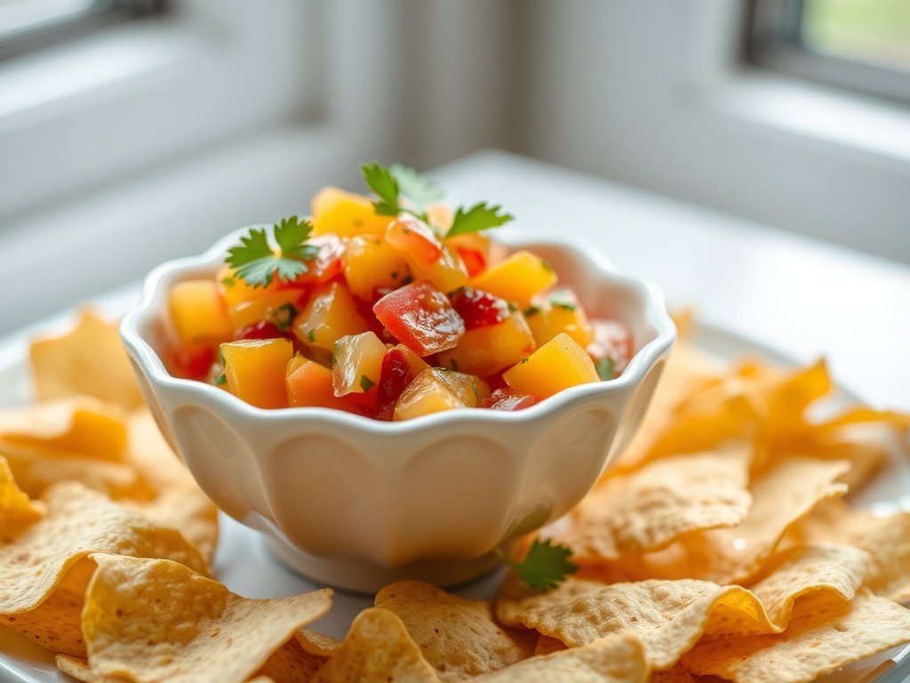 A bowl of homemade peach salsa served with crispy tortilla chips on the side