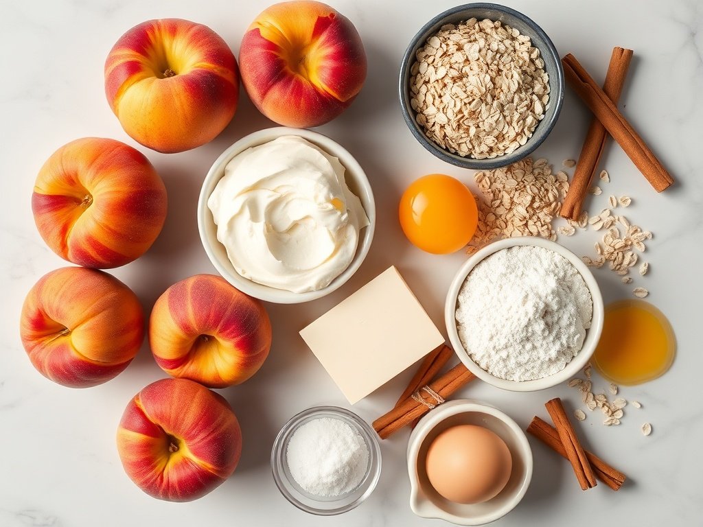Ingredients for peach cobbler cheesecake arranged on a marble surface