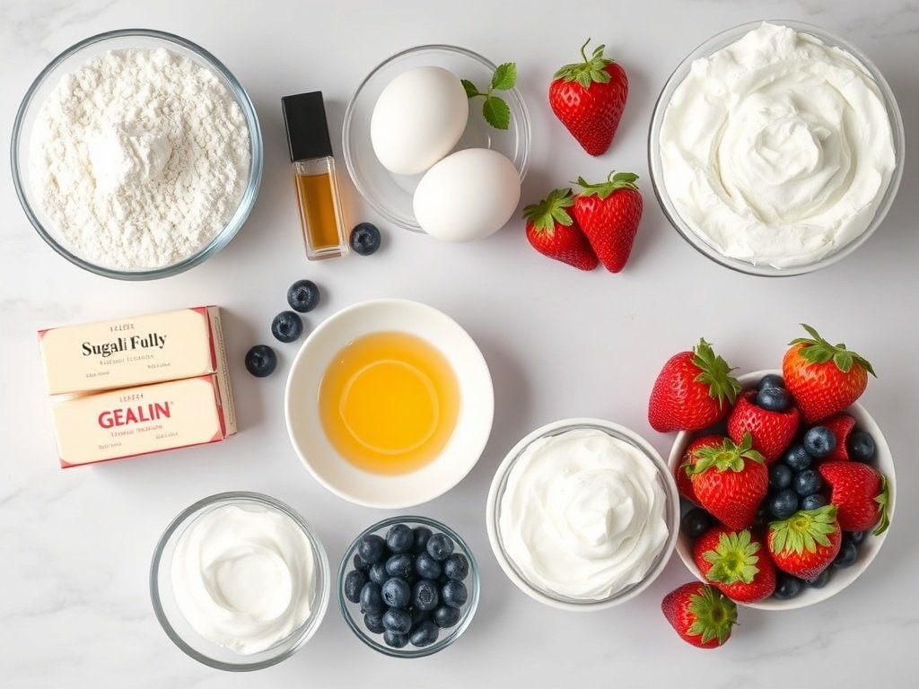 Flat lay of ingredients for patriotic berry poke cake including flour, sugar, gelatin, and fresh berries