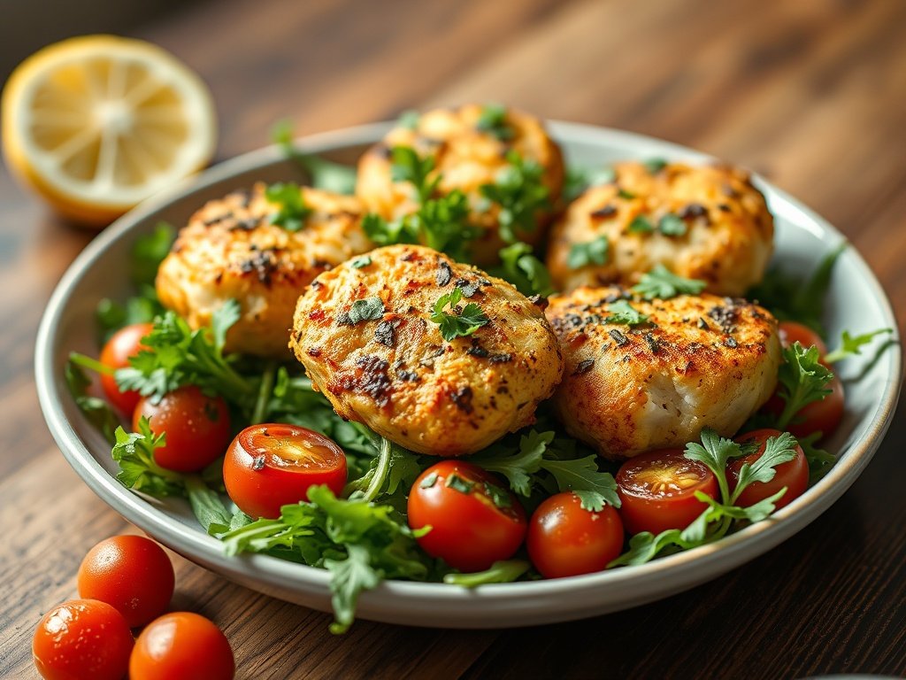 Plated air fryer lemon herb chicken bites with arugula and roasted tomatoes, a high protein low calorie meal, professional food photography.