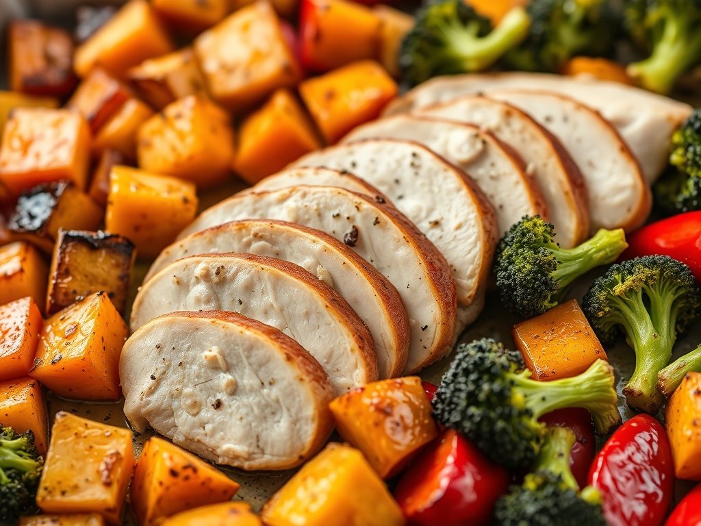Sheet pan with seasoned chicken breast, sweet potatoes, broccoli, and bell peppers, roasted to perfection, perfect for healthy meal prep.