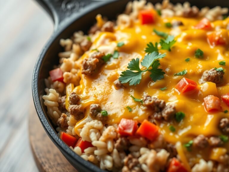 Overhead view of cheesy ground beef skillet with rice, peppers, and melted cheddar in a cast iron pan