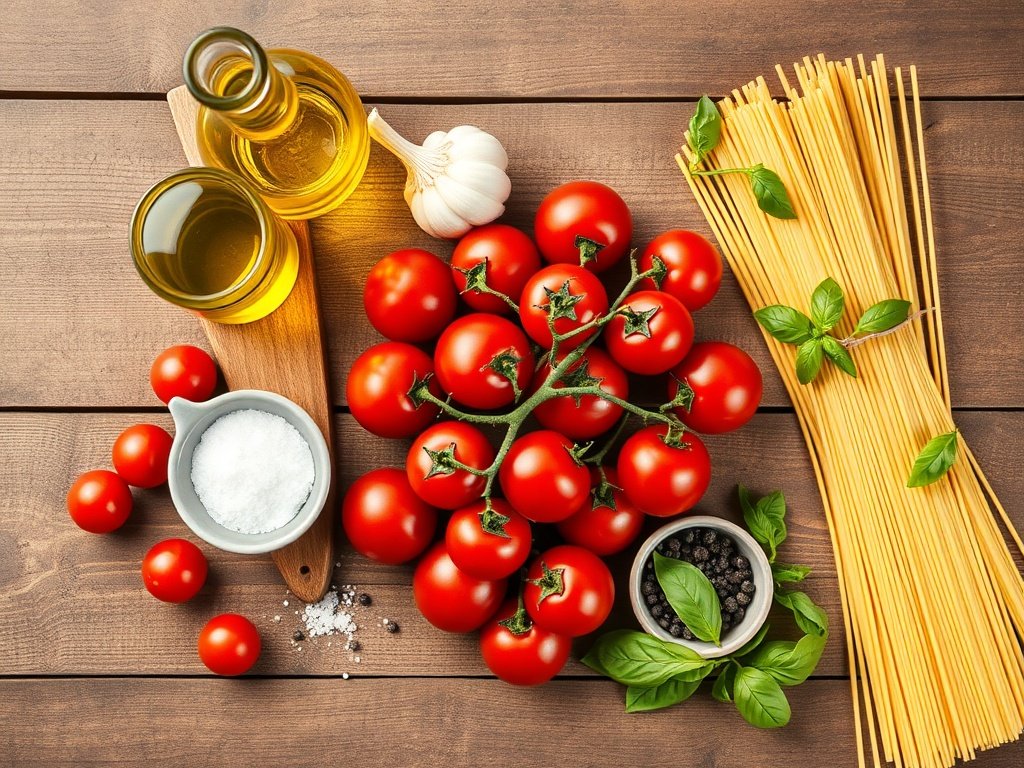 Flat lay of cherry tomatoes, spaghetti, garlic, olive oil, and basil on a table.
