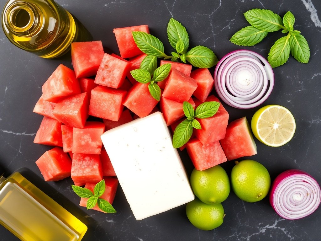 Flat lay of fresh watermelon, feta cheese, mint, red onion, olive oil, and limes arranged on a dark marble countertop.