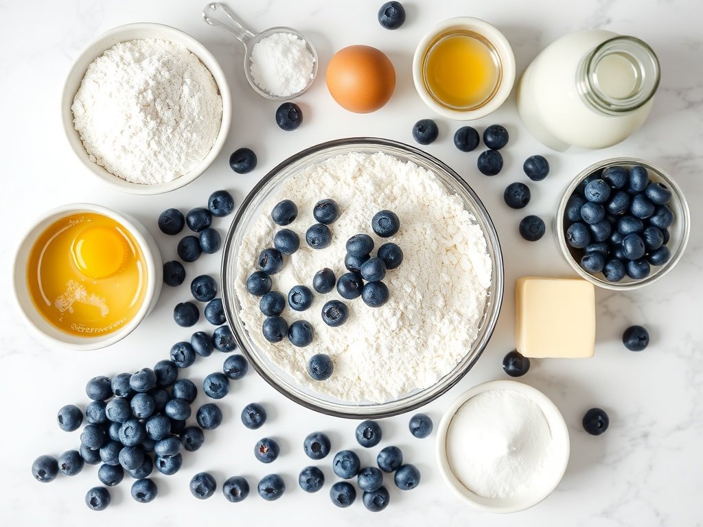 Ingredients for fresh blueberry pancakes on marble