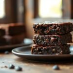 Stacked fudgy brownies with crackly tops against a dark background.