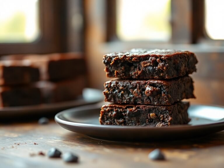 Stacked fudgy brownies with crackly tops against a dark background.