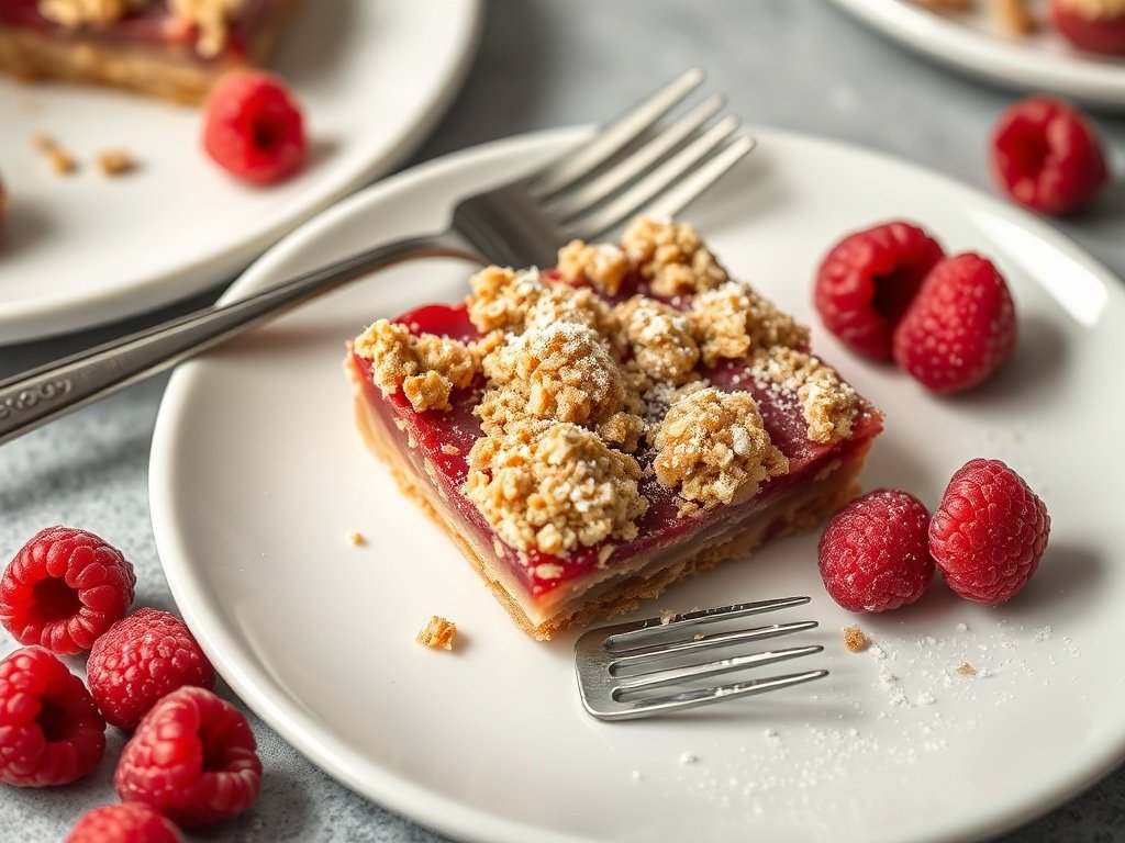 Plated raspberry oatmeal crumble bar on white plate with fresh raspberries and powdered sugar.