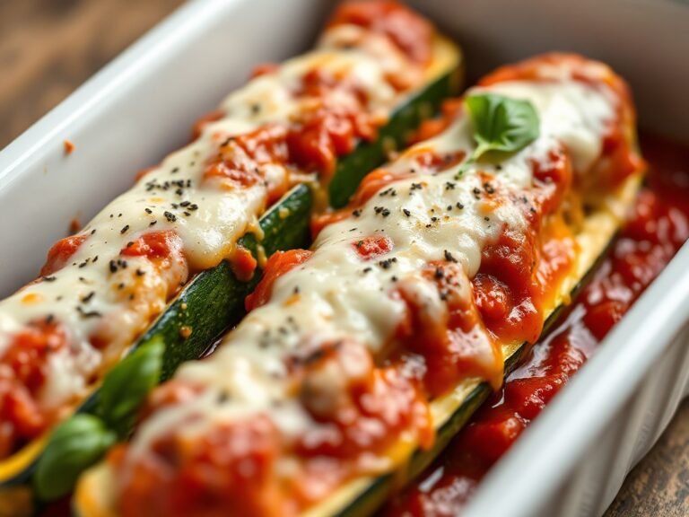Cheesy baked zucchini boats with ground turkey and melted mozzarella on a baking dish.
