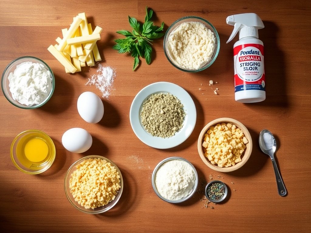 Flat lay of ingredients for air fryer mozzarella sticks recipe, including string cheese, flour, eggs, breadcrumbs and seasonings.