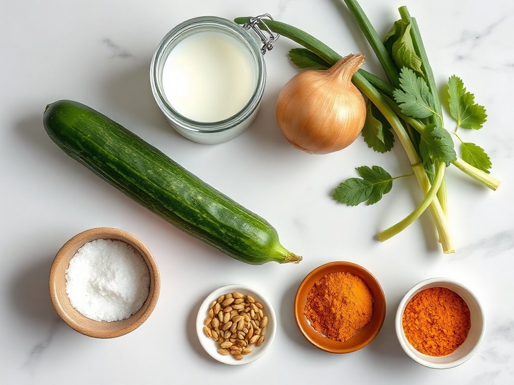 Top-down view of ingredients for bread and butter pickles including cucumber, onion, vinegar, and spices.