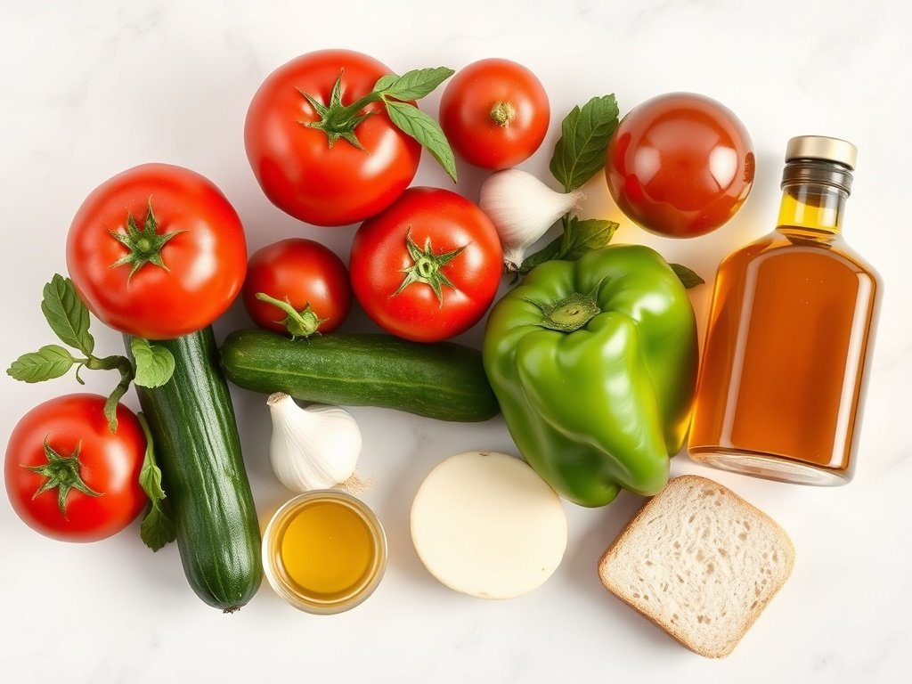 Fresh vegetables and ingredients for gazpacho arranged on a marble surface