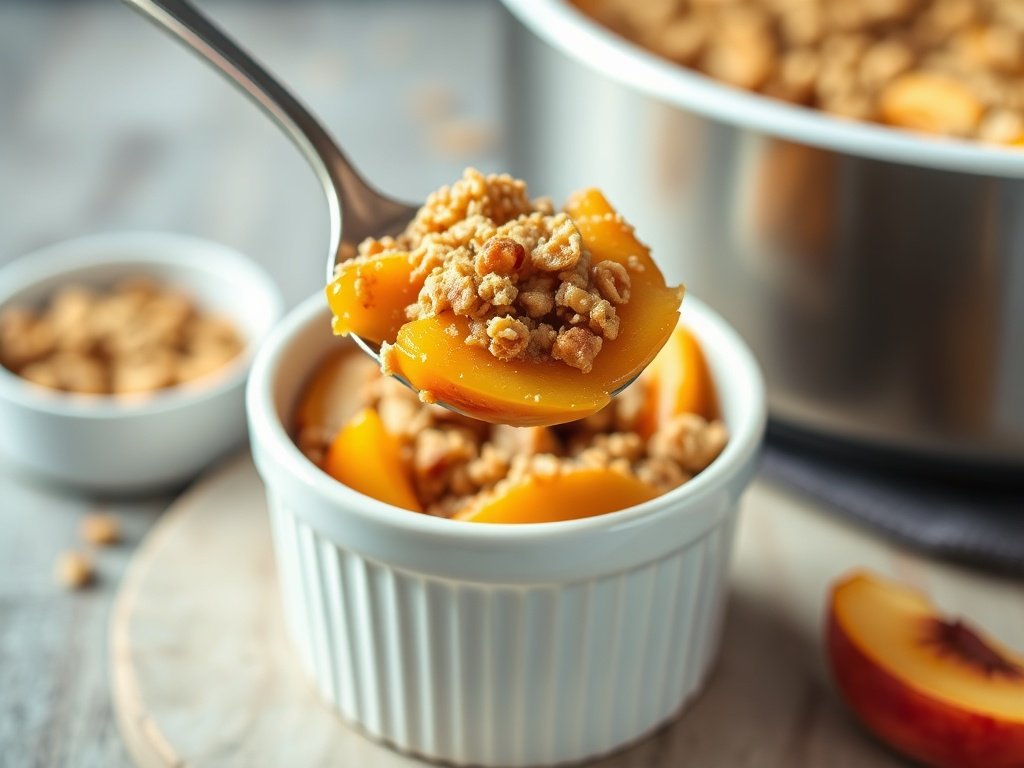 Serving of air fryer peach crisp