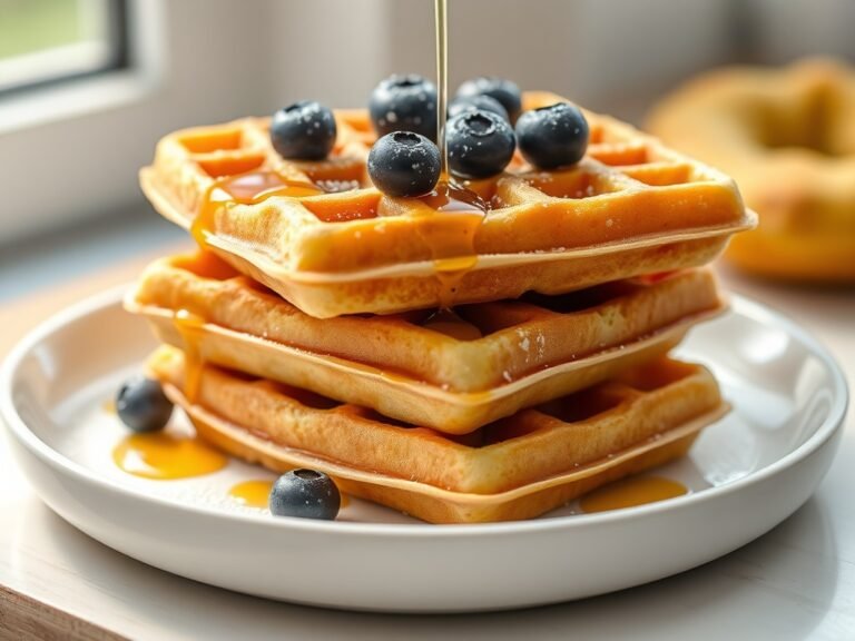 Stack of golden keto waffles topped with blueberries and syrup on a white plate