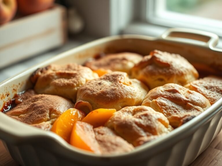 Golden fresh peach cobbler with buttery biscuit topping in a baking dish