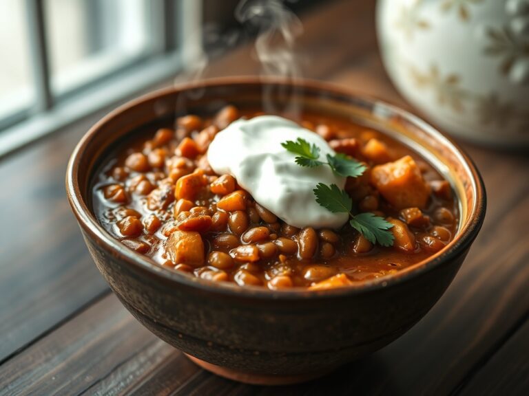 Bowl of Slow Cooker Moroccan Lentil Stew garnished with yogurt and cilantro on dark wood table.