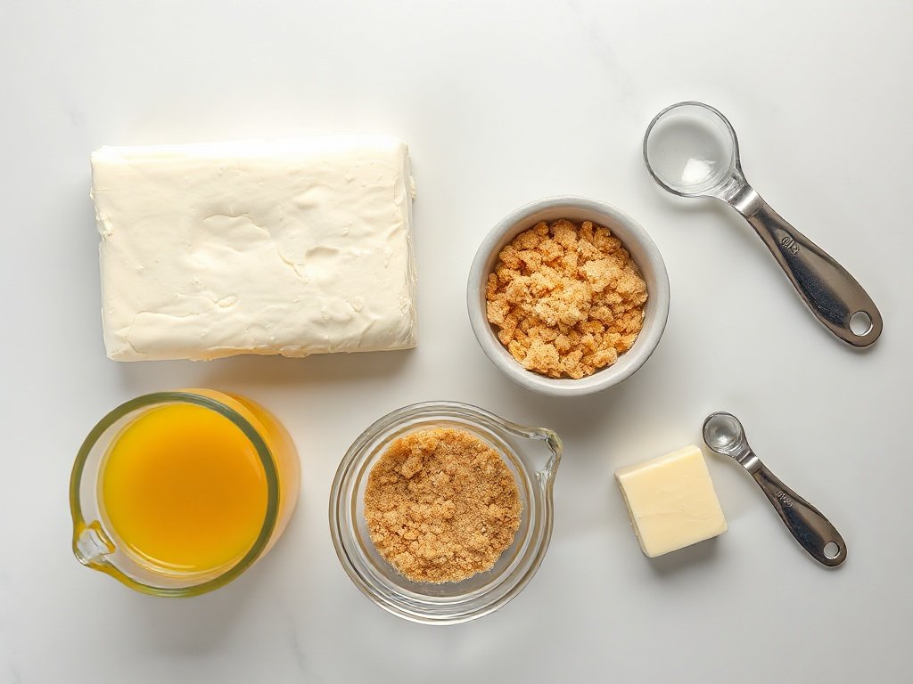 4 ingredients for no-bake lemon cheesecake bites arranged on a marble counter.