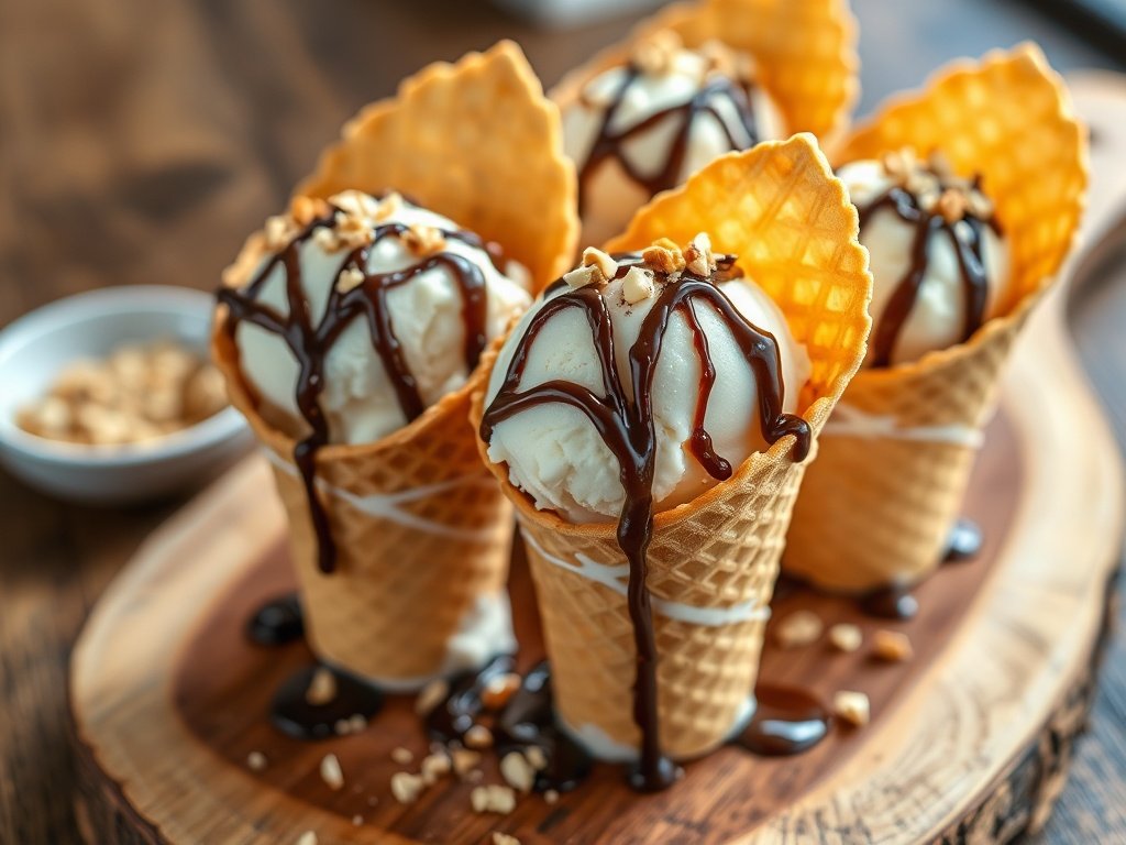 Two waffle cones filled with homemade vanilla ice cream