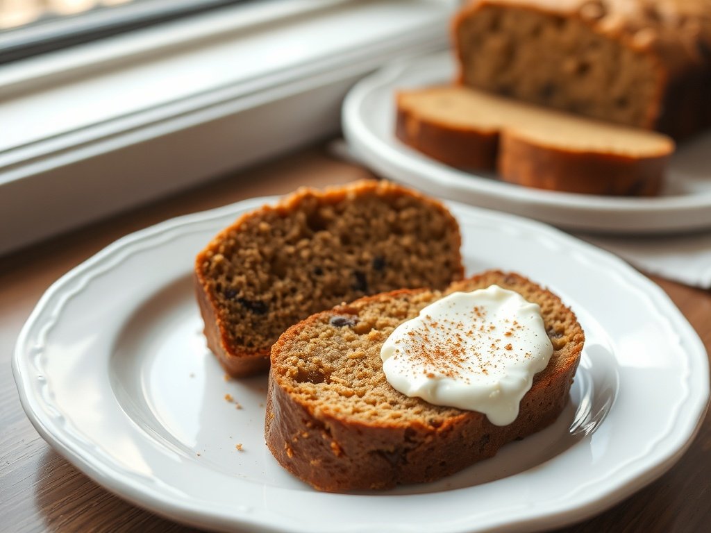 Slice of healthy zucchini bread on a plate with cream cheese spread, golden crust.