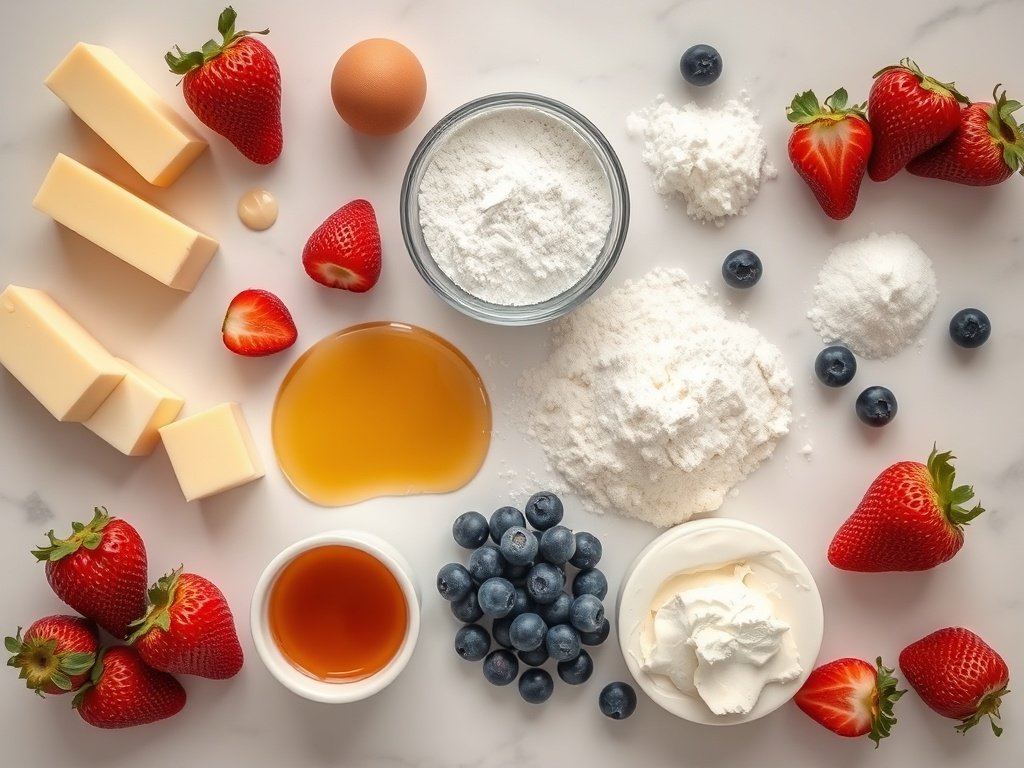 Flat lay of Flag Fruit Pizza ingredients including butter, sugar, egg, flour, cream cheese, strawberries, and blueberries on a marble counter.
