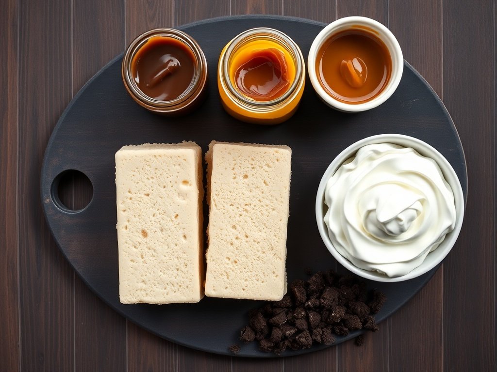 Flat lay of ice cream sandwiches, fudge, caramel, whipped topping, and cookie crumbs for the recipe.