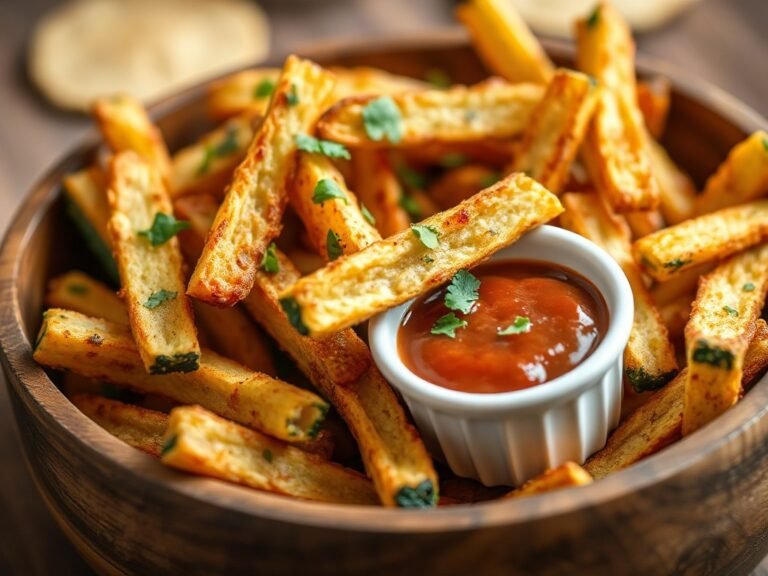 Crispy air fryer zucchini fries in a wooden bowl with dipping sauce