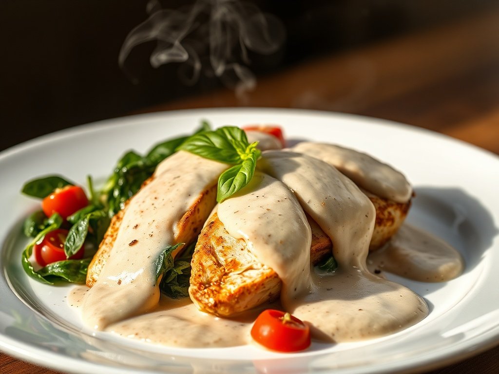 Plated Creamy Tuscan Garlic Chicken high protein low carb dinner with creamy sauce and vegetables