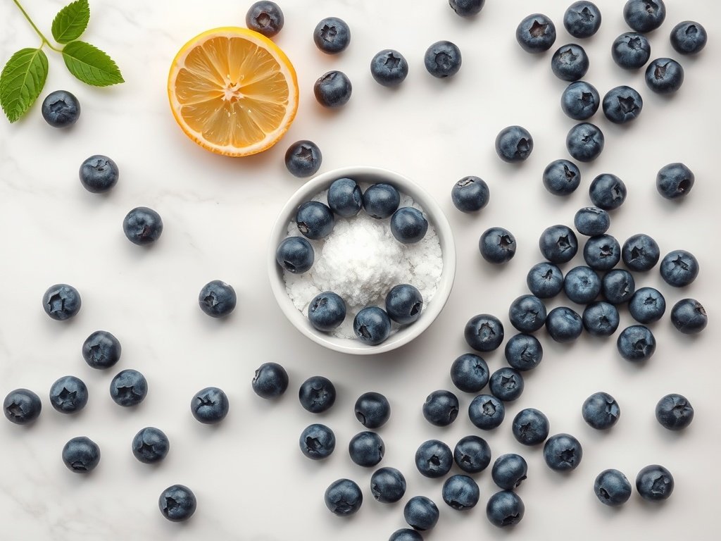 Fresh blueberries, sugar, and a lemon arranged on a marble surface for a blueberry jam recipe.