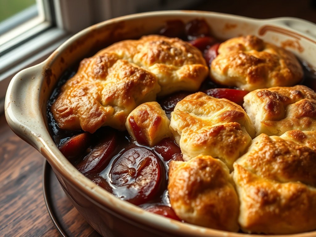Homemade easy plum cobbler with golden biscuit topping and juicy plums