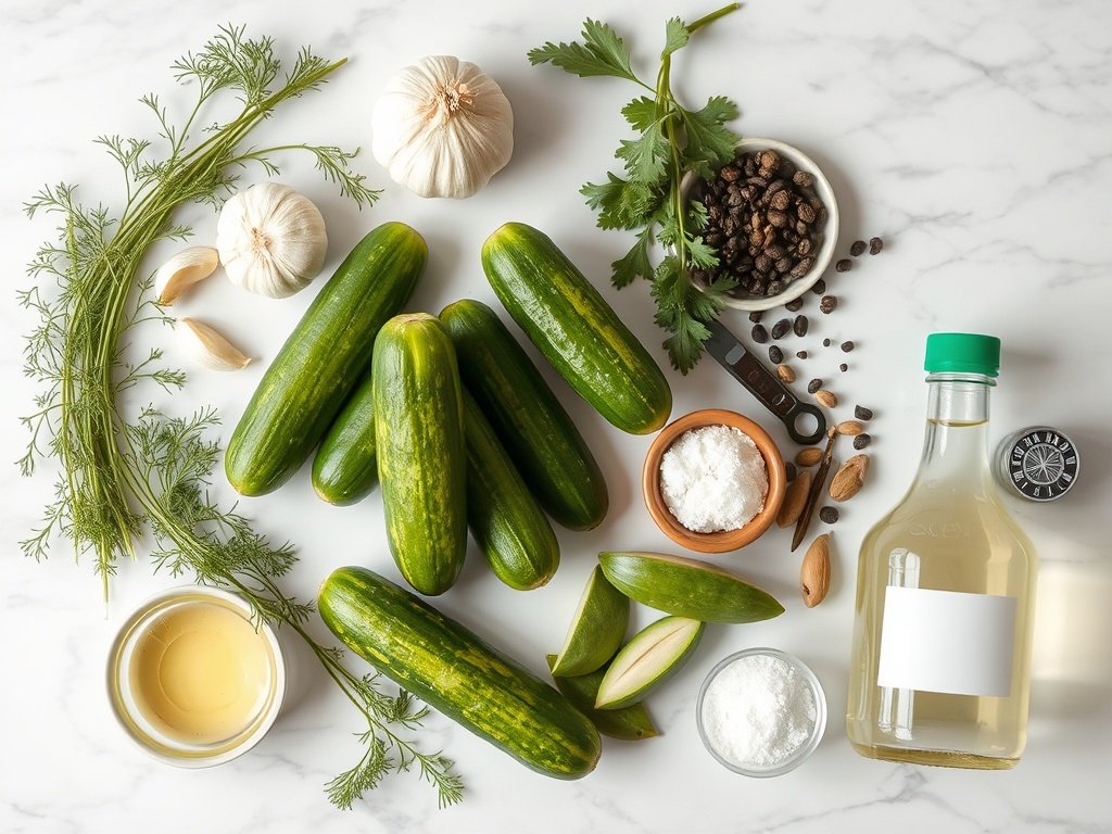 Top-down flat lay of fresh ingredients for homemade dill pickle recipe on marble surface