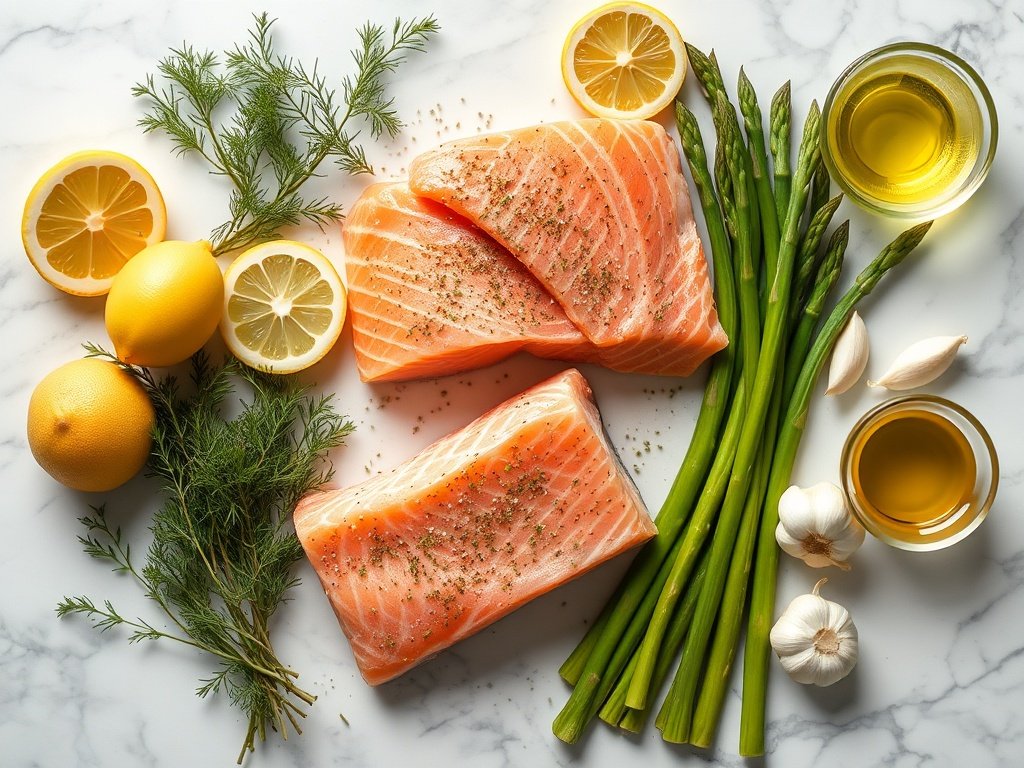 Ingredients for baked salmon with asparagus including salmon, asparagus, lemon, dill, and garlic