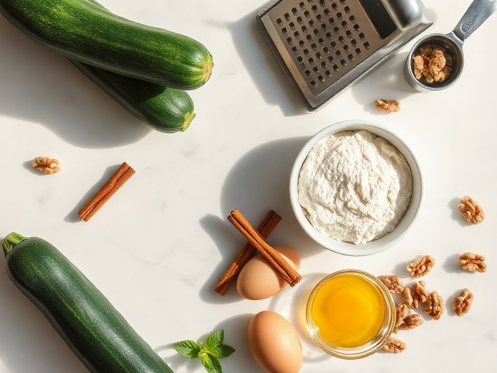 Overhead flat lay of fresh zucchini, flour, eggs, cinnamon, and walnuts arranged on marble for zucchini bread recipe