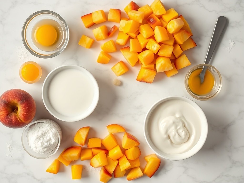 Top-down view of fresh peaches, cream, eggs, and sugar for peach ice cream