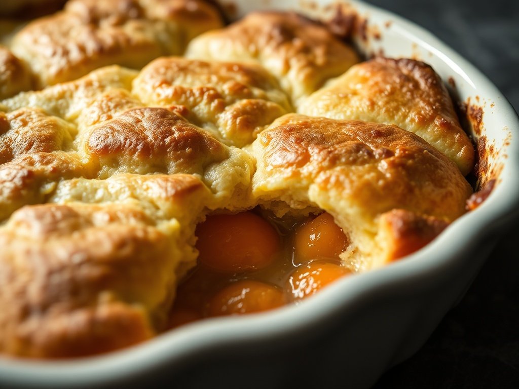 Homemade apricot cobbler with golden biscuit topping