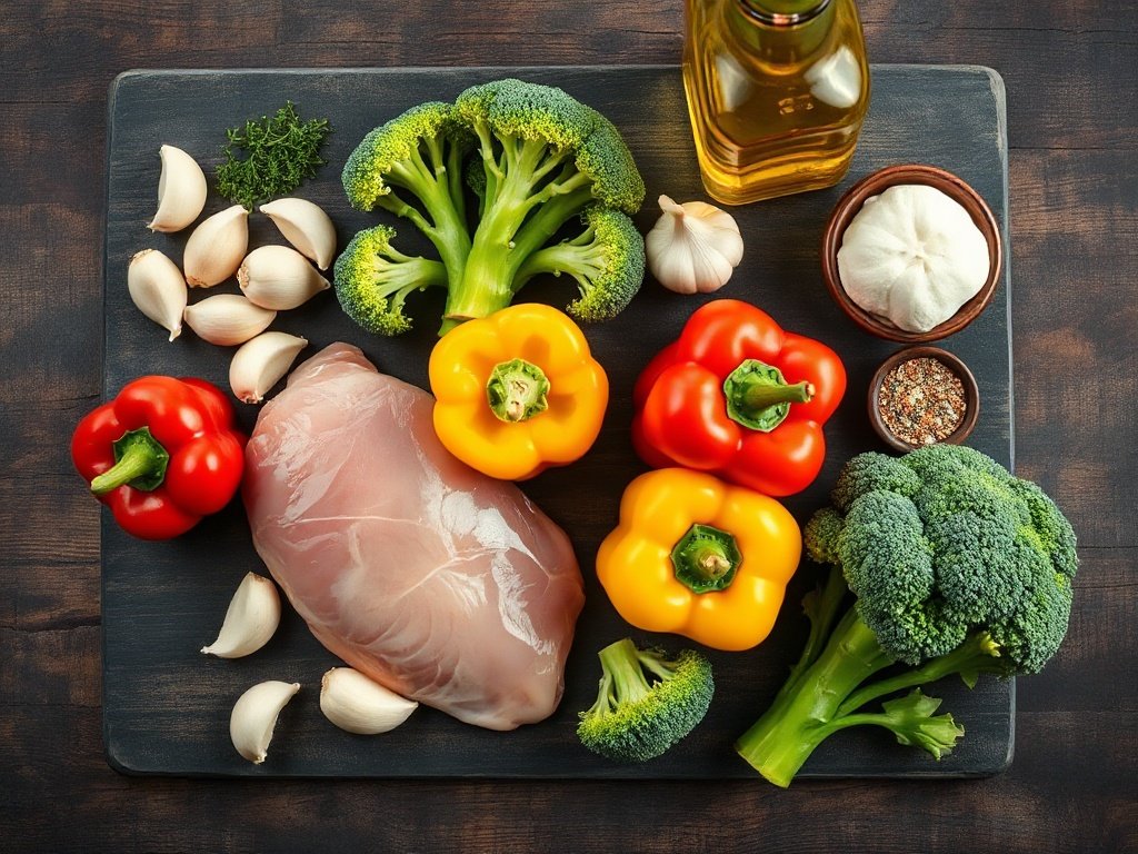 Raw chicken and vegetables ingredients flat lay