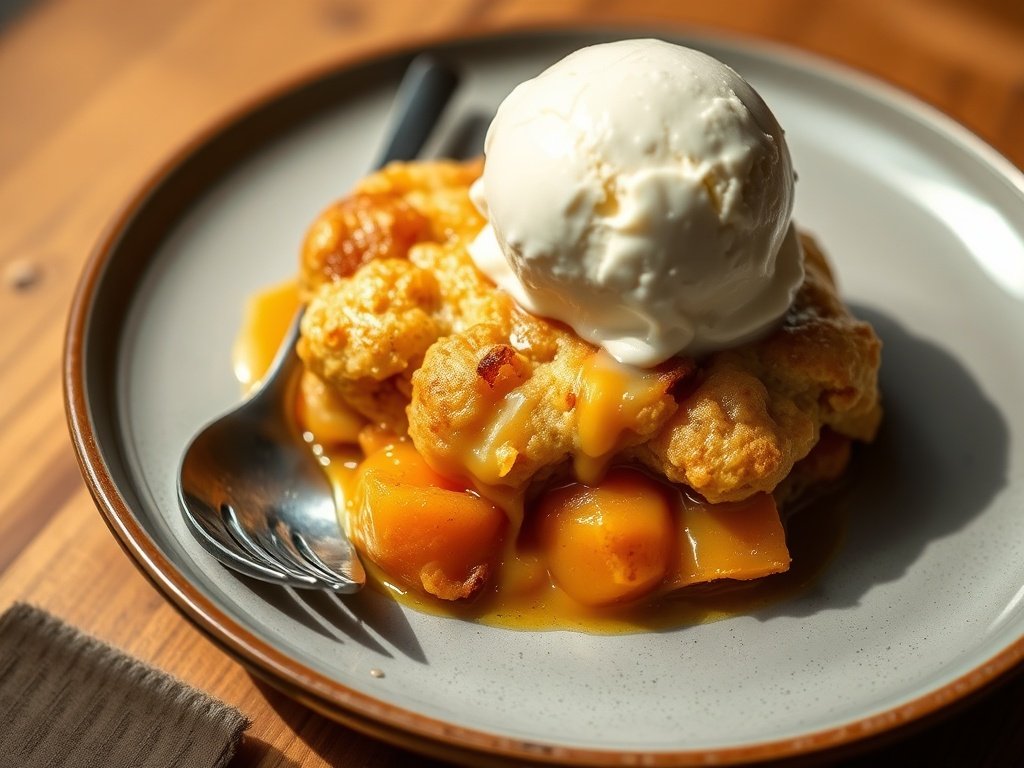 Warm apricot cobbler served with vanilla ice cream