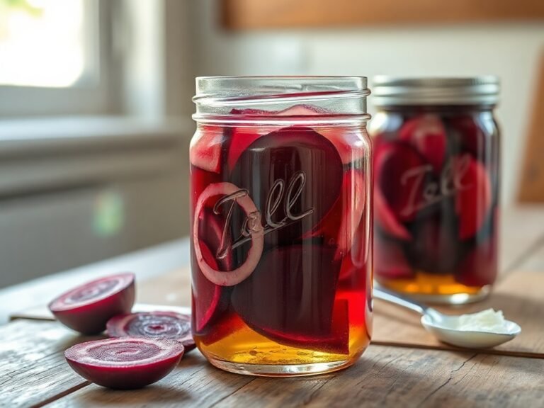 Glass jar of homemade pickled beet slices with red onion on a wooden table.