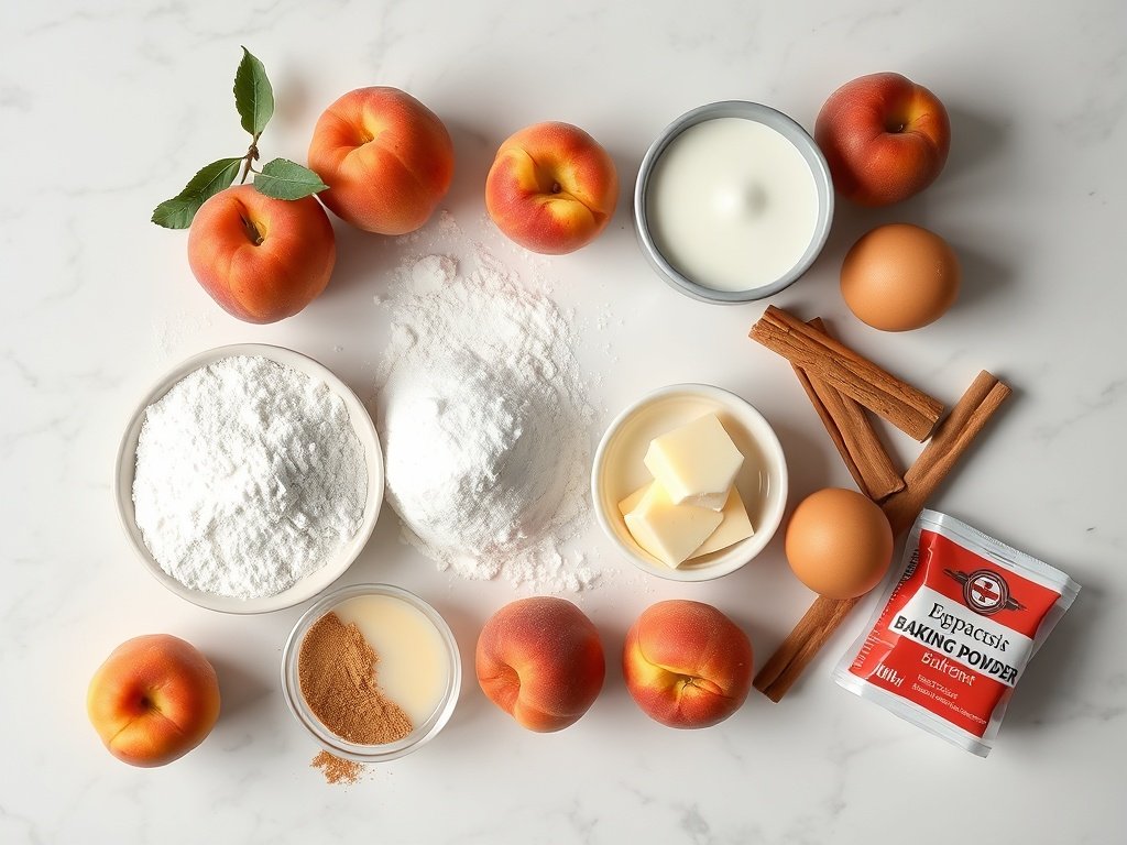 Ingredients for peach cake including fresh peaches, flour, eggs, and butter on a marble surface